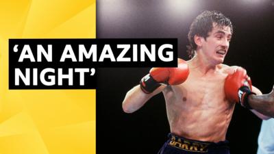 'An amazing night' text over an image of Barry McGuigan in action during a fight