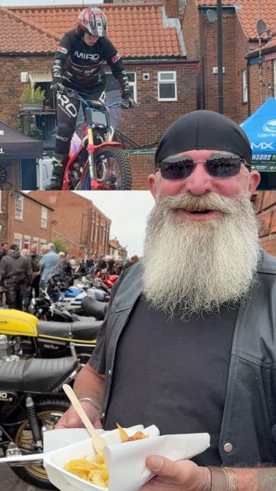 A composite image showing a motorbike performing stunts and a bearded biker, clad in leathers, with a tray of chips.