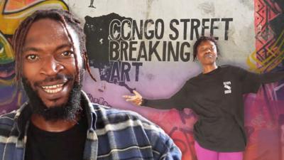 Asashi and Precious in front of graffiti saying Congo Street Breaking Art