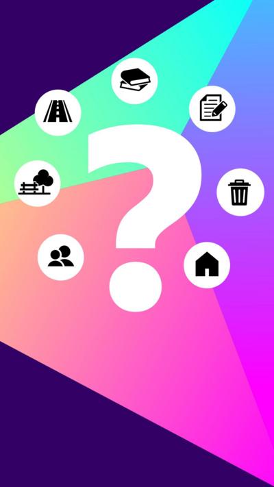 Graphic image of a question mark surrounded by icons representing issues related to councils such as parks, social care, housing, bins etc.