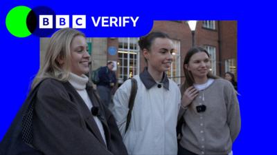 Three women stand in a line with a blue BBC Verify branding background