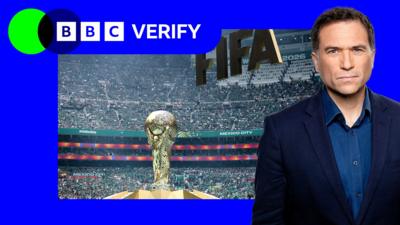 A BBC Verify border surrounds the Fifa World Cup trophy and a serious looking host to the right of frame.