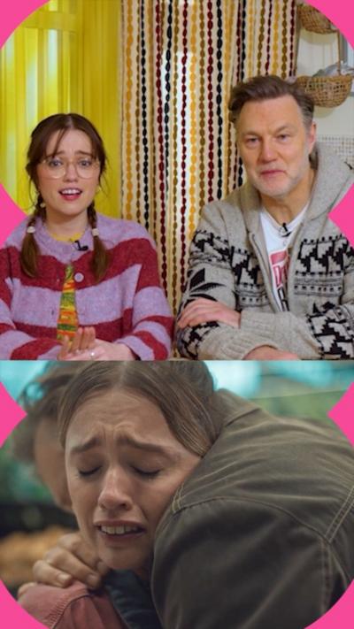 Split screen - two actors above, in costume, watching a scene from their show, below.