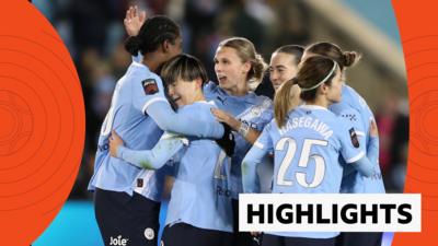 Manchester City Women celebrate a win with a group hug at the WSL on February 13 2026.