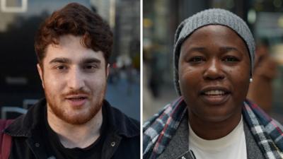 Split screen of Akbar wearing a black jacket on the left and Nekeisha with a plaid scarf on the right.