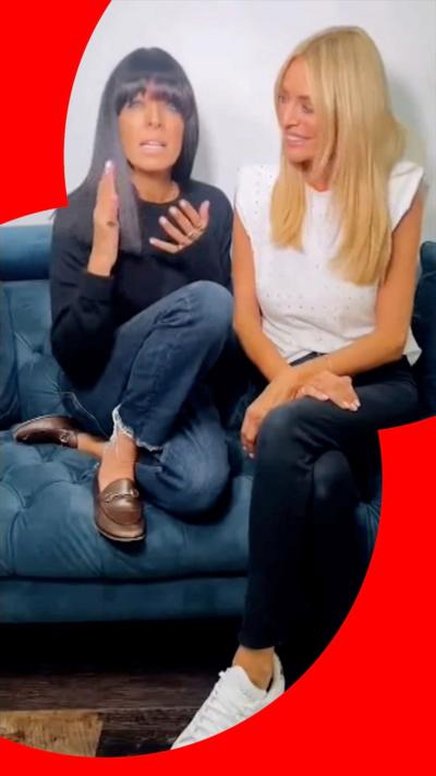 Claudia Winkleman and Tess Daly speak to the camera while sitting on a couch.