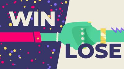 Illustration of one hand wrapped round another, 'win' is written on one side of the image, 'lose' on the other