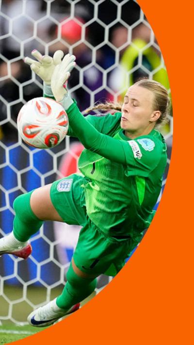 Goalkeeper Hannah Hampton, in green, dives while making a save at the Euro 2025 final