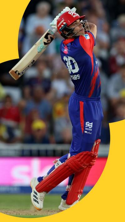 Tristan Stubbs mid-swing after sending the ball for a six