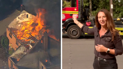 Composite image showing on the left house being consumed by fire and on right a woman pointing at a fire truck