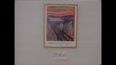 A poster of The Scream painting hangs above the world 'stolen' in Norwegian