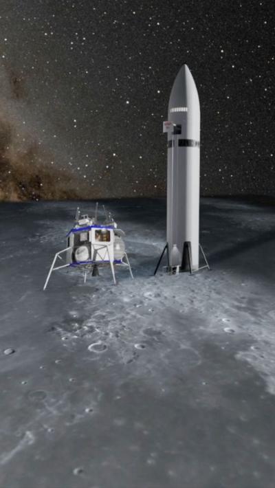 Nasa moon base with lander and rocket