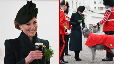 A split-screen image, showing Princess Catherine raising a half pint of Guinness in the left photo, and presenting  a spring of Shamrock to dog Seamus, the regimental mascot