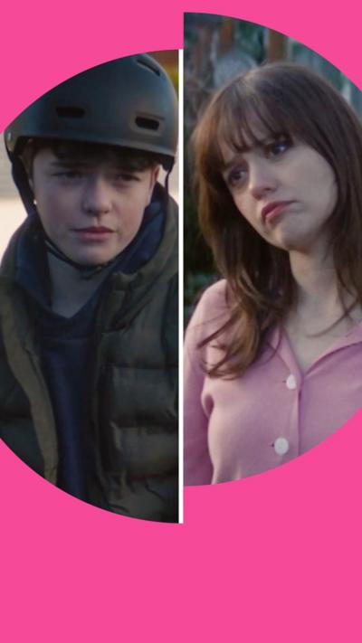 Composite of Callum, wearing a cycle helmet, and Evie, in a pink shirt, looking at each other in the street 