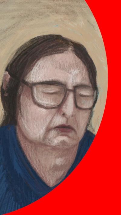 A court sketch of a woman with dark hair and glasses grimacing.