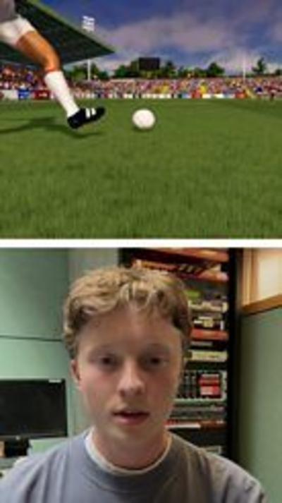 Video game footage of a leg in white socks and black boots kicking a ball on grass 