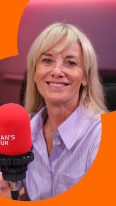 A woman, Tamzin Outhwaite, has shoulder-length blonde hair and is wearing a lilac shirt.