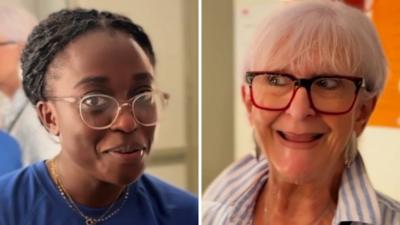 Split screen: Minah wearing glasses and a blue top, smiling and Linda, looking to the side and smiling, wearing stripy shirt.