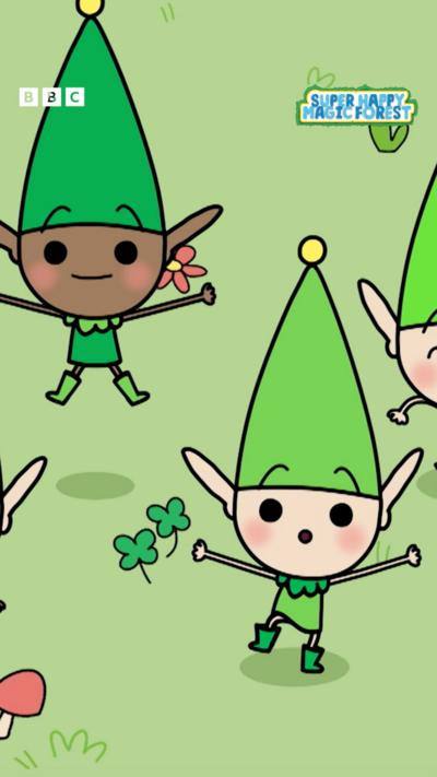 A crowd of small elves wearing large green hats jump and celebrate.