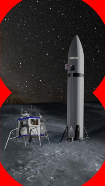 Computer generated images of lunar landers, one short and spider-like (left), the other tall and pencil-shaped (right).
