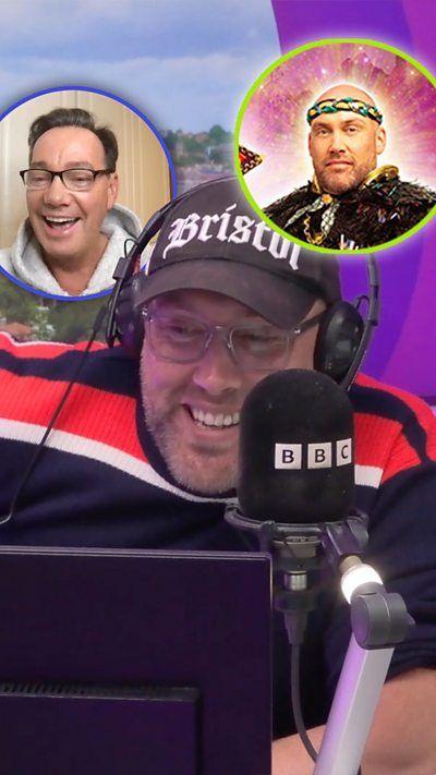 A BBC radio presenter smiling with inserts of himself in a costume and another insert of Craig Revel Horwood.