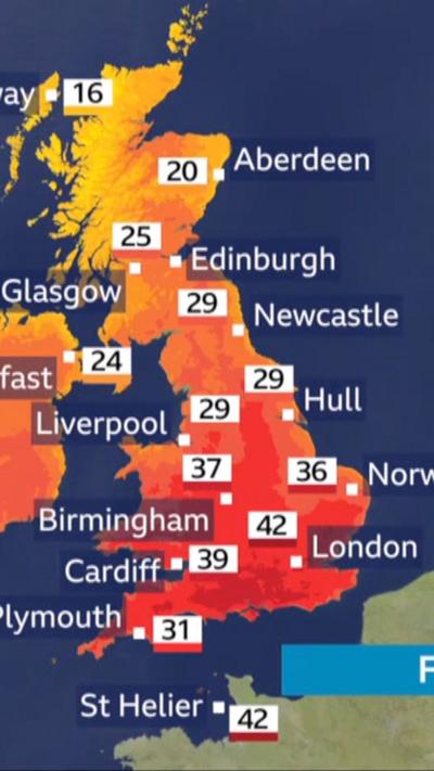Map of the UK painted in red, orange and yellow. Temperatures are next to the name of cities