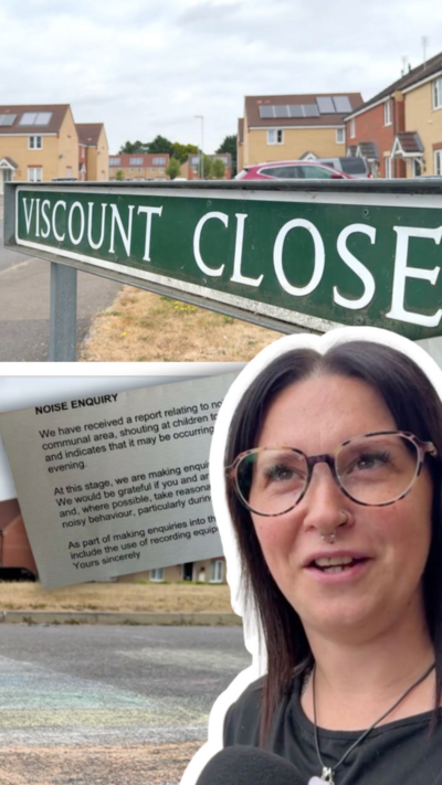 Green "Viscount Close" street sign, woman with black hair and glasses looking confused. Complaint letter can also be seen.