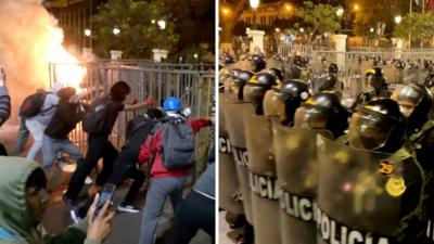 A split screen of protesters and police in Peru.