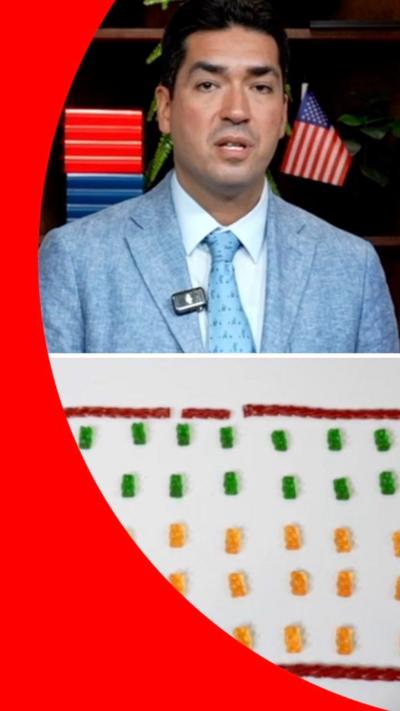 Top: BBC journalist Bernd Debusman, wearing a blue blazer. Bottom: a grid made with sweets to represent voters and rights.