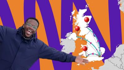 Newsround presenter De-Graft next to a map of the UK