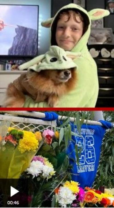 A boy holds a dog, both in green Yoda hoods in the top half. In the bottom half are bright flowers and a blue T-shirt saying '26 leavers'.