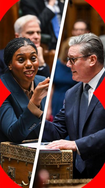 Kemi Badenoch and Keir Starmer seen in a split screen in the House of Commons