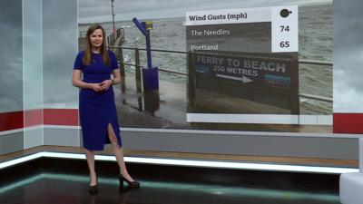 Alexis Green in the South Today studio. She is standing next to a screen with wind speeds and she is wearing a blue dress.