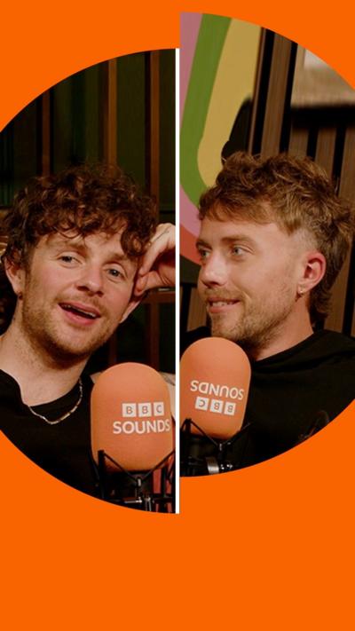 Composite image of Tom Grennan and Roman Kemp talking into orange BBC Sounds mics 