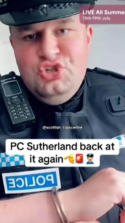 Man in a police uniform from a TikTok video - text says "PC Sutherland back at it again"