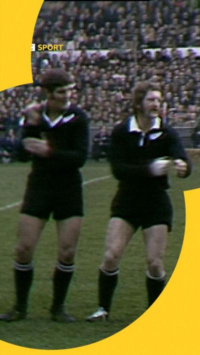 New Zealand rugby players performing the Haka in 1973 prior to a match against the Barbarians.