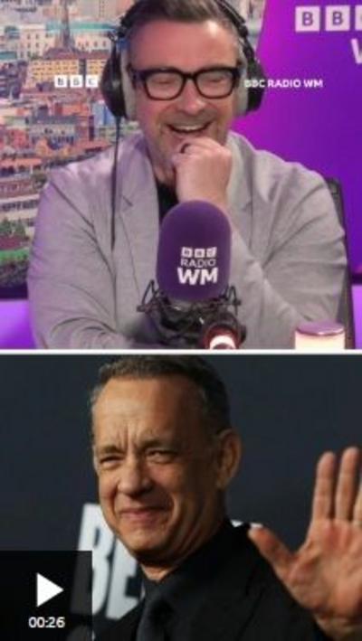 Split image of a BBC Radio WM presenter and Hollywood actor Tom Hanks, who is smiling and waving at the camera. 