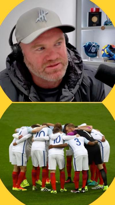 Split-screen with an image of Wayne Rooney above and an image of a team huddle below