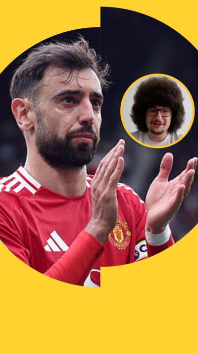 Bruno Fernandes claps wearing Machester United kit, and inset image of Frank Ilett.