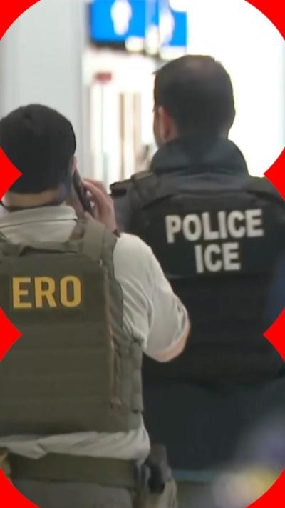 The backs of two ICE agents, one in green, wearing bullet proof vests.