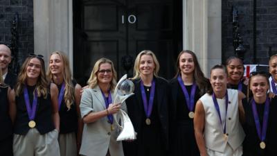 England head coach Sarina Wiegman (C-L) and captain Leah Williamson (C-R) with members of the England women's football team attend a reception for the UEFA Women's EURO 2025 winners England hosted by British Deputy Prime Minister Angela Rayner at 10 Downing Street in London, Britain, 28 July 2025