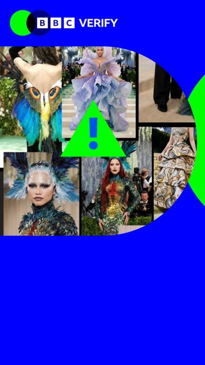 A collection of AI-generated images purporting to be from the Met Gala. A warning label has been placed over them and they are imposed over the BBC Verify colours and branding. 