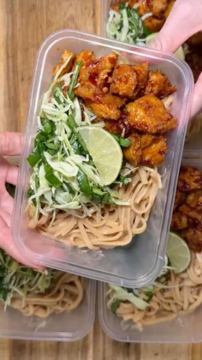 Chicken and noodles in a plastic tub