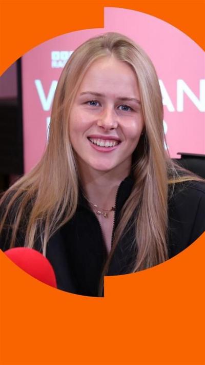 Hannah Hampton with long blonde hair, wearing a black blazer, in the Woman's Hour studio.