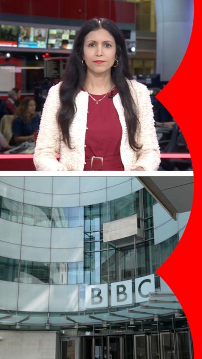 Composite image with reporter Noor Nanji's piece to camera from the BBC newsroom on top and the entrance to the BBC's New Broadcasting House at the bottom