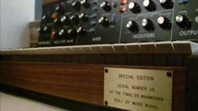 A closeup of a Minimoog synthesizer.