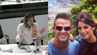 A compilation picture of Andrea Byrne speaking in front of a microphone in the radio studio and beside it is a picture of Andrea Byrne and her husband 