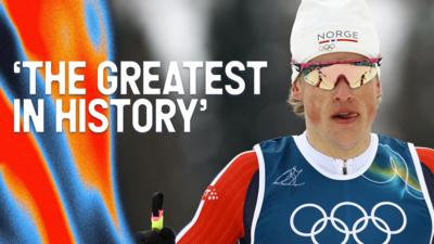 Norwegian cross-country skier Johannes Hoesflot Klaebo celebrating after crossing the finish line to win the men's Sprint Classic.