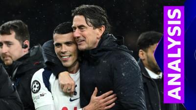 Thomas Frank and Pedro Porro embrace