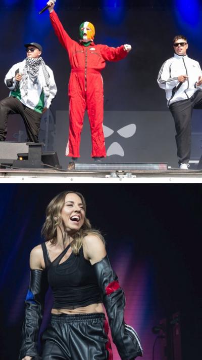 A split screen of kneecap and Mel c